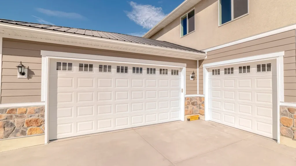 Classic white garage door with upper window inserts.