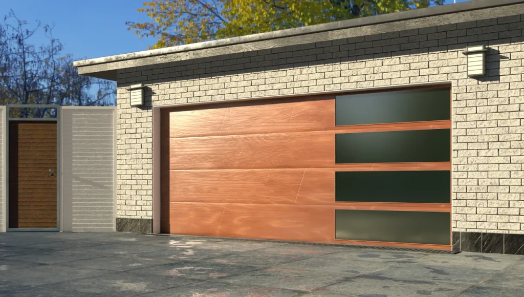 Modern wood-grain garage door with contemporary offset windows.
