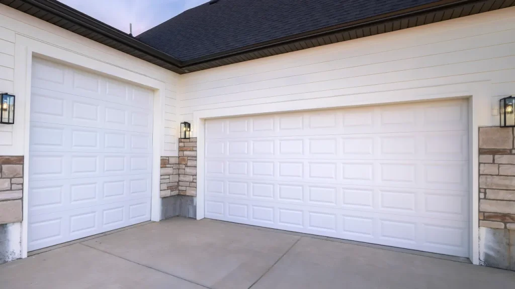 Partially opened white garage door during repair service.